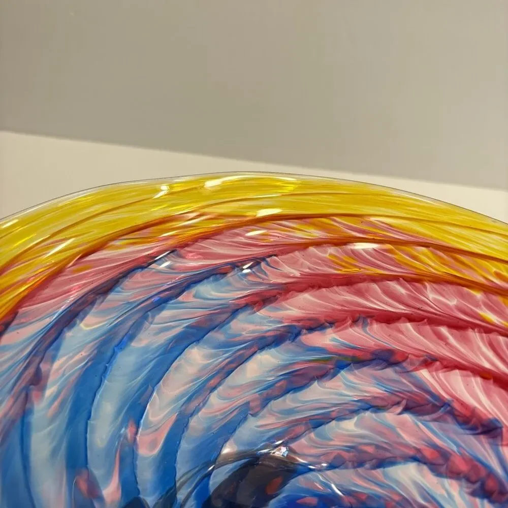 Hand Blown Glass Footed Wide Rim 9” Multicolor Swirl Glass Bowl